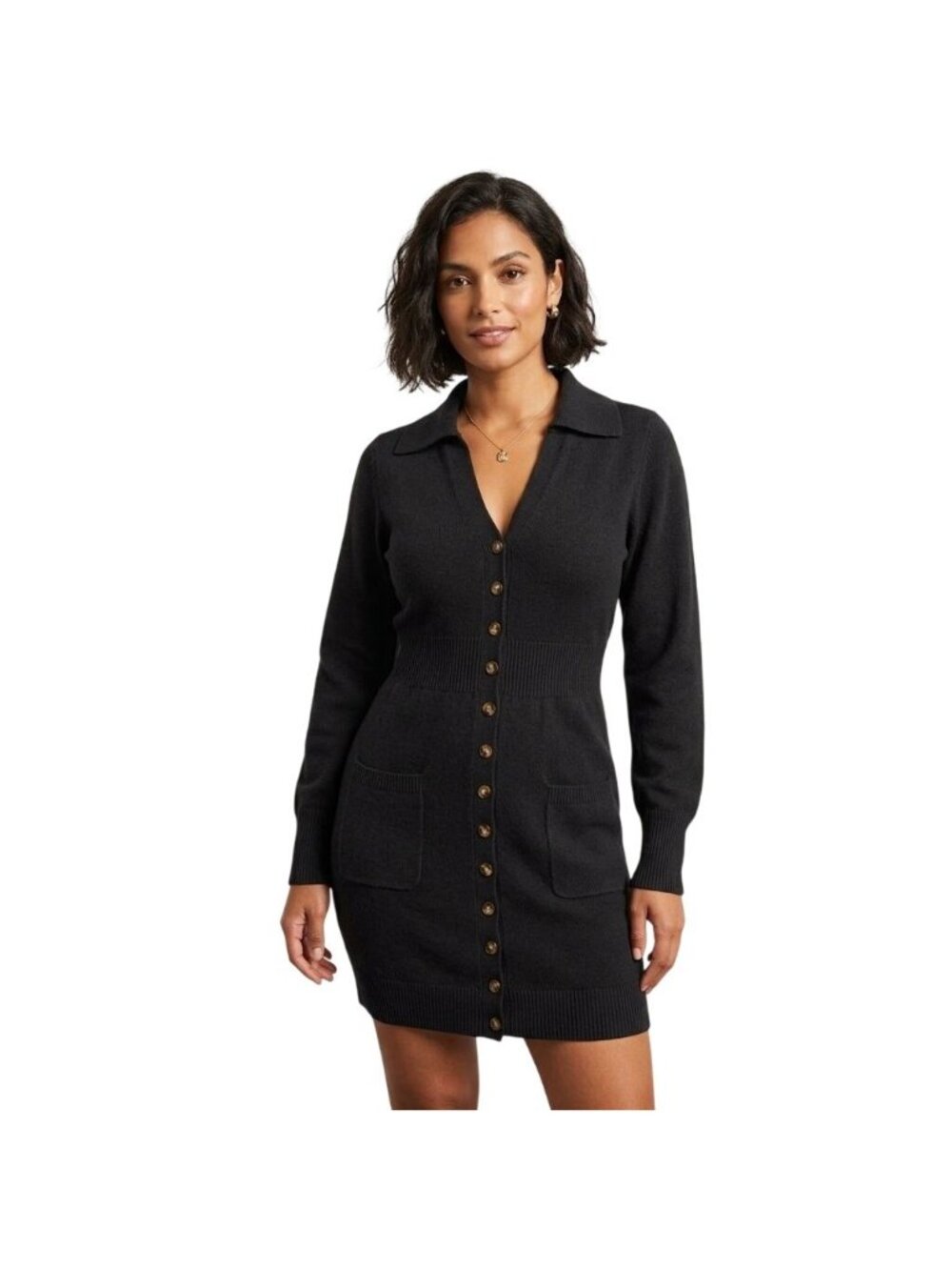 PrettyGarden Sweater Dress Size Medium Black Long Sleeve V Neck Button Down